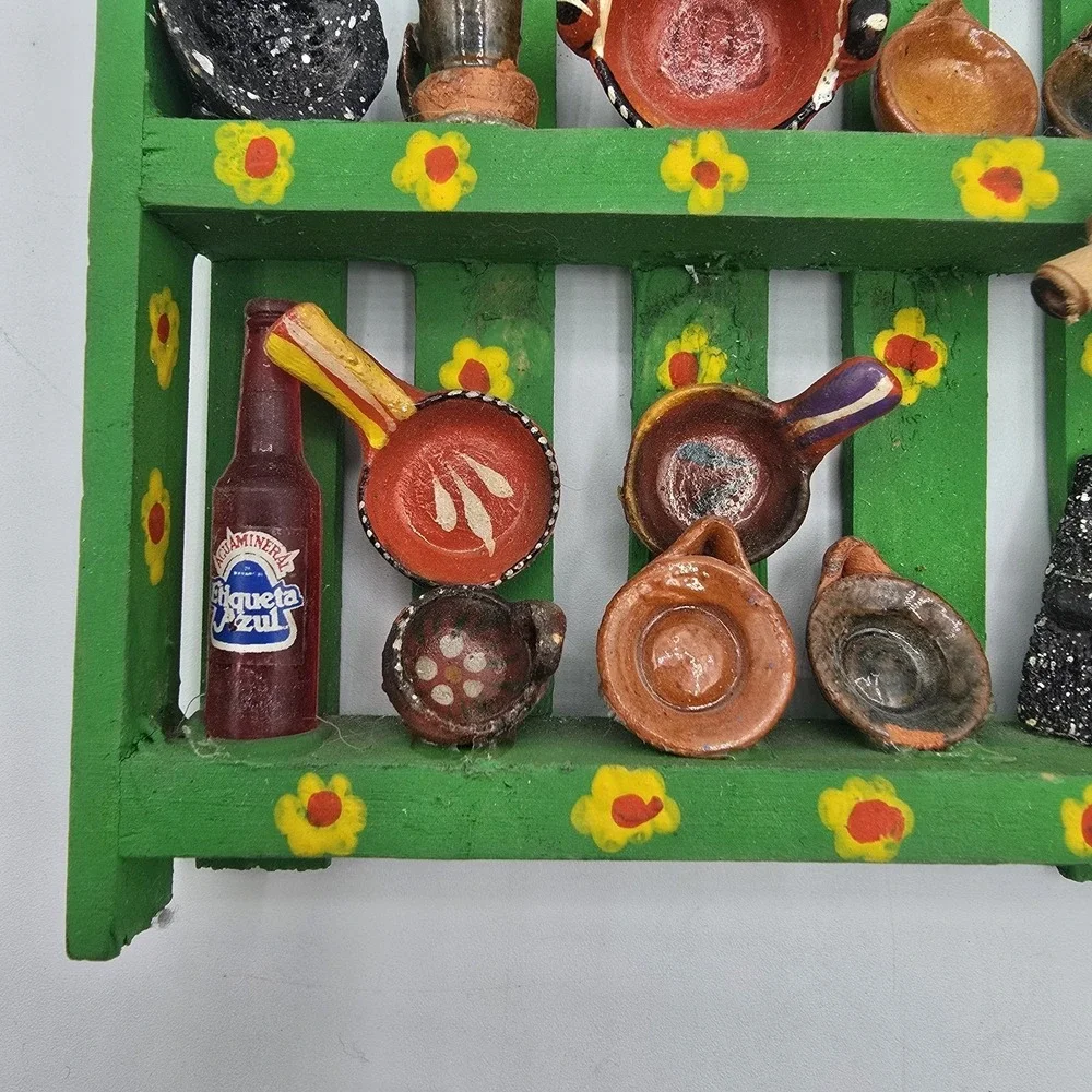 Mexican Kitchen Trastero Wall Hanging Shelf With Miniature Pots Vtg Folk Art